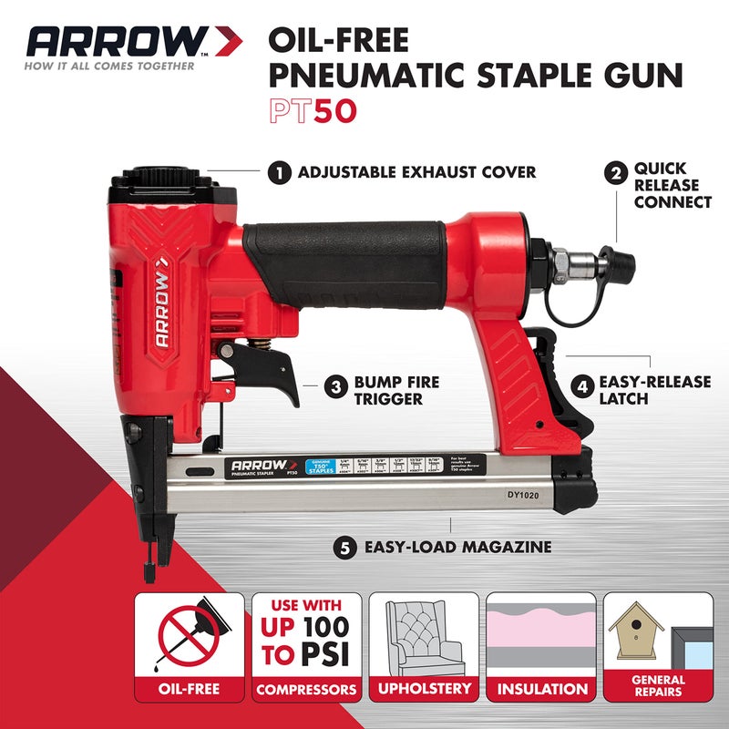 Arrow Fastener Arrow PT50 Oil-Free Pneumatic Staple Gun, Professional Heavy-Duty Stapler for Wood, Upholstery, Carpet, Wire Fencing, Fits 1/4â€, 5/16â€, 3/8", 1/2", 9/16â€ Staples , Red - Image 2